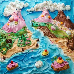 Craft an aerial landscape of a vibrant dessert island, featuring whipped cream mountains and chocolate rivers, from a birdseye view