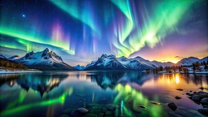 Northern Lights dancing over a serene lake with snowy mountains and starry night sky in the background , Aurora borealis, winter landscape, snowy mountains, starry sky, epic, magical