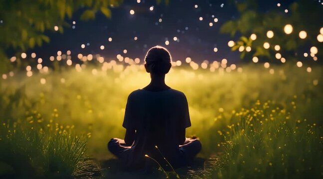 yoga meditation in the forest at night, glowing lights, blond girl , Generative AI