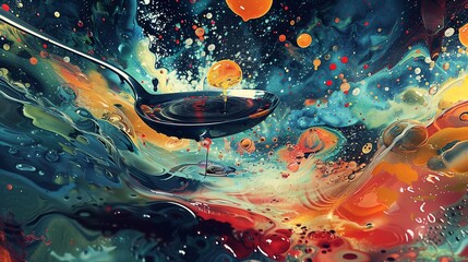 Produce a surrealistic scene of a giant floating spoon stirring a vibrant, cosmic soup from an eyelevel angle Emphasize the dynamic motion and vivid colors with painterly textures