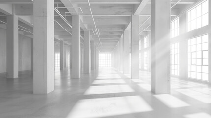 Spacious White Concrete Room Interior with Columns, Ideal for Industrial Hall, Car Parking or Office Building, Featuring Large Windows with Daylight Shadows