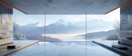 Minimalist interior with panoramic view of mountains and a lake.