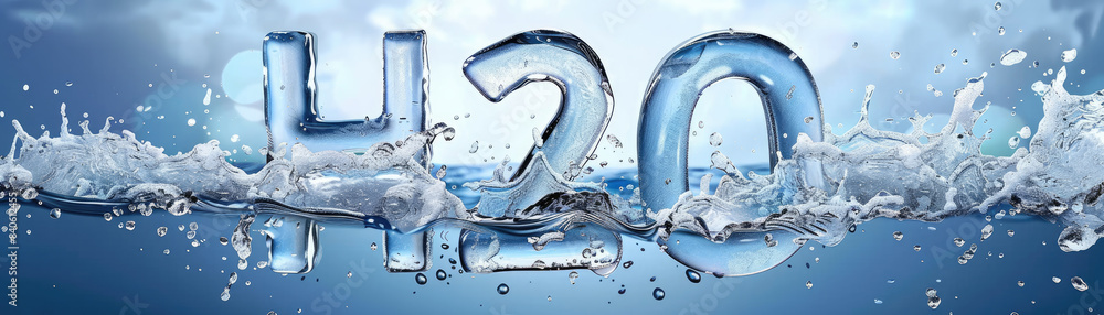 Poster Water liquid H2O text with transparent ripples and splashes, showcasing pure drinking water in a wide banner design. Ideal for hydration and refreshing visual concepts.