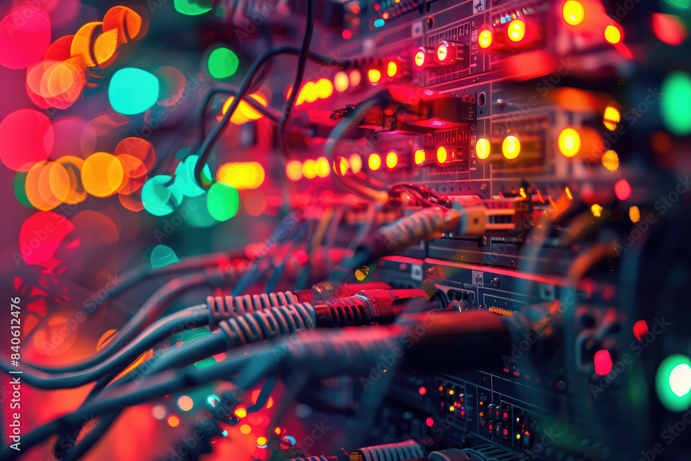 Poster network server room with dynamic lights and cables creates a dramatic tech composition, showcasing a