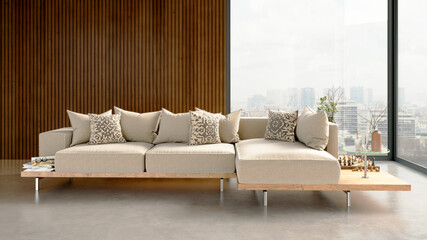 Large luxury modern bright interiors Living room mockup illustration 3D rendering image