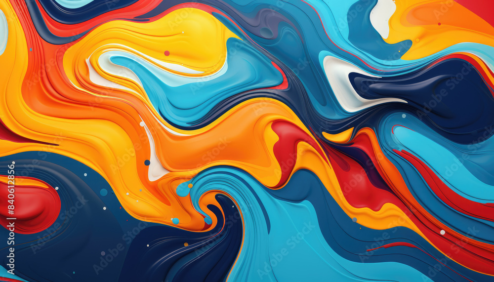 Poster fluid paint movement in flat design, front view with a festival theme and complementary color scheme