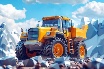 Close yellow tractor on rocky ground