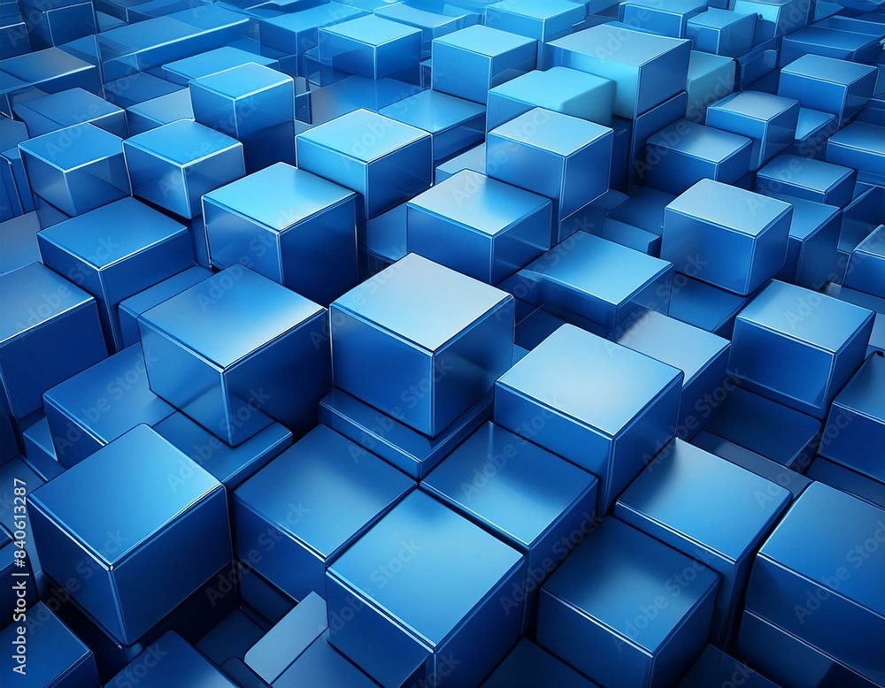 Poster a multitude of blue cubes at varying depths creating an abstract 3d geometric pattern with a modern 