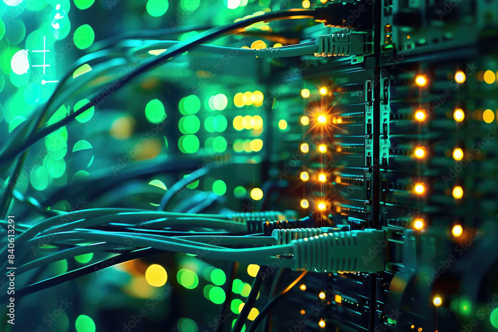 Poster server room backdrop with network cables and lights, showcasing dynamic and dramatic compositions. i