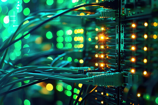 Server room backdrop with network cables and lights, showcasing dynamic and dramatic compositions. Ideal for technology and data center themes with copy space.