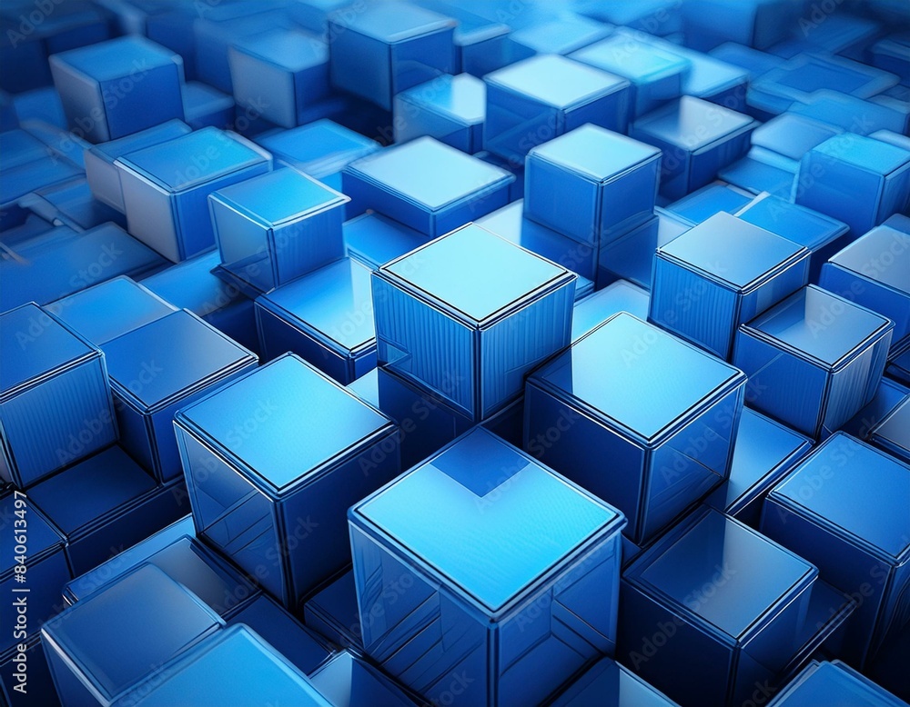 Poster a multitude of blue cubes at varying depths creating an abstract 3d geometric pattern with a modern 