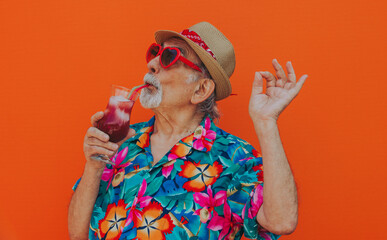 Grandfather portraits on colored backgrounds. Old man with hawaiian shirt celebrating on vacation,...