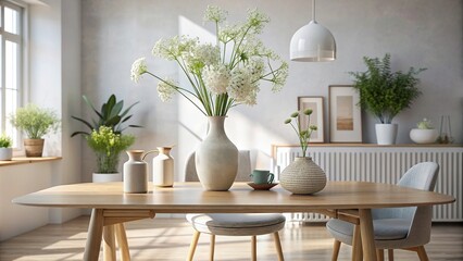 Clean Scandinavian style table with spiritual vase and flowers, modern interior decor, zen ambiance, Scandinavian, clean aesthetic, table, decorations, spiritual, vase, flowers, art