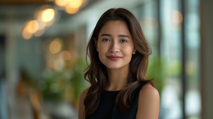 Portrait of filipina woman beautiful business leader, in modern bright office boardroom, professional atmosphere, leadership, diverse workplace, corporate setting.