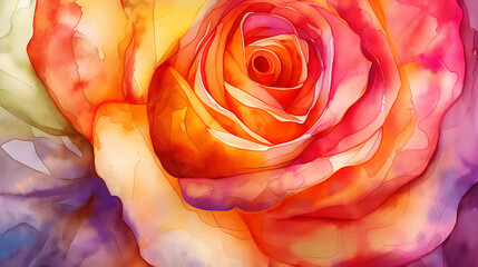 A closeup of an intricate rose, its petals rendered in vibrant watercolor hues, creating a mesmerizing display of color and texture, Generative AI