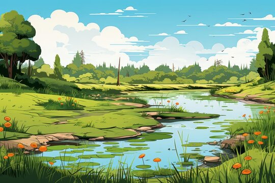 Wetland ecosystem functions flat design, front view, environmental science theme, cartoon drawing, complementary color scheme