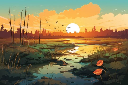 Wetland ecosystem functions flat design, front view, environmental science theme, cartoon drawing, complementary color scheme