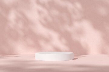 Abstract background minimal style. Tree shadow on pink concrete wall with empty podium for products presentation or text for advertising. 3d rendering
