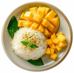 Mango Sticky Rice with Fresh Mint Isolated background