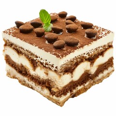 Classic Tiramisu with Cocoa Powder and Coffee Beans Isolated background