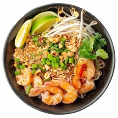 Shrimp Pad Thai with Lime and Peanuts Isolated background