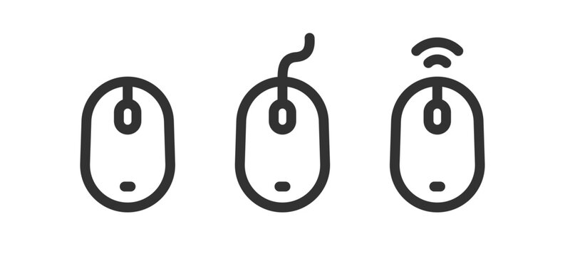 Computer mouse icon set. Wire and wireless device. Click, scroll, button. Cursor pointer.