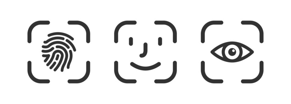 Finger, face, eye scan icon set. Fingerprint id. Person identification. Biometric security. Recognition technology. Human verification.