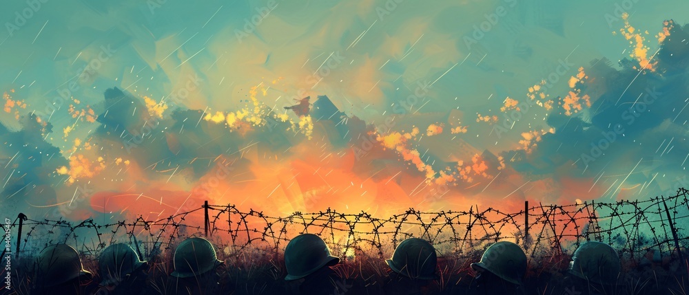 Wall mural Dramatic WWII Battlefield Illustration with Barbed Wire, Helmets, and Clear Sky for Text Overlay