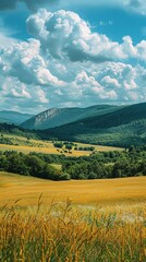 Grassy field with distant mountain