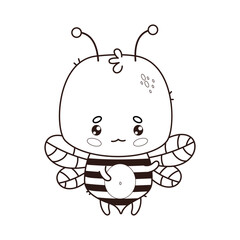 Cute bee. Outline cartoon kawaii animal character. Line drawing, coloring book. Vector illustration. Kids collection