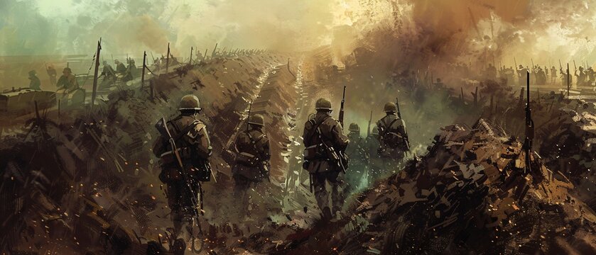 World War II Trench Scene with Soldiers - Historical Warfare Image with Copy Space Above for Text