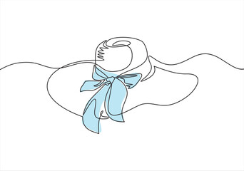 Women summer hat in continuous line art drawing style. Female sun protected hat with bow-knot. Minimalist black linear design isolated on white background. Vector illustration