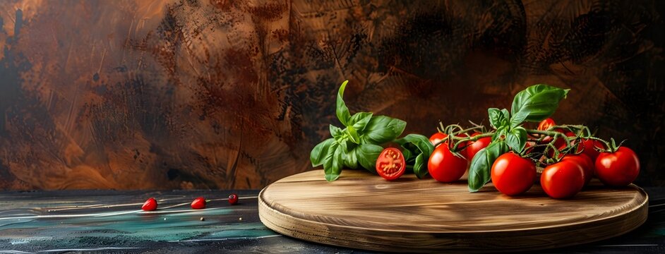 Mock up banner template of products display | Wooden round table with wooden pizza board, fresh tomatoes and basil on dark brown background with copy space for product presentation