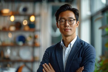 Fototapeta premium Man in suit and glasses standing with arms crossed