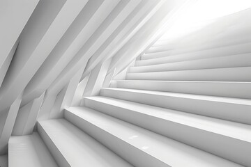 Obraz premium Abstract white staircase leading upwards with light at the end.