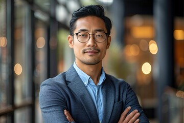 Fototapeta premium Man in suit and glasses standing with arms crossed