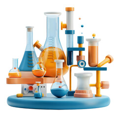 Colorful laboratory glassware and equipment set for scientific experiments, research, and chemistry education background.