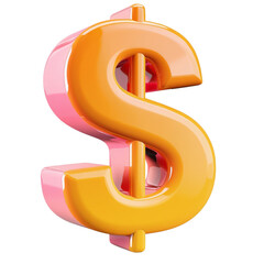 3D dollar sign in vibrant orange and pink colors, symbolizing wealth, finance, and business success. Isolated on a white background.