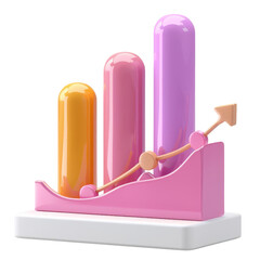 3D colorful bar graph with an upward arrow, representing growth and analysis, isolated on white background.