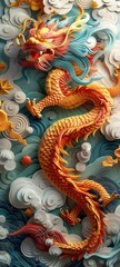 3d papercuts Chinese New Year Year of the Dragon, in the style of surrealistic cartoons, detailed shading, realistic landscapes