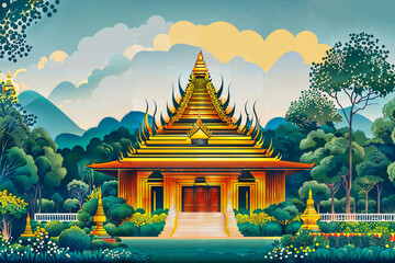 Thai Temple with blue sky : AI Generative, not upscale