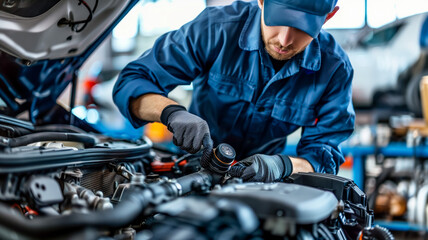 Mechanic working on car engine in auto repair shop