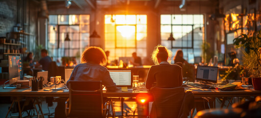 Coworking space at sunset with busy professionals