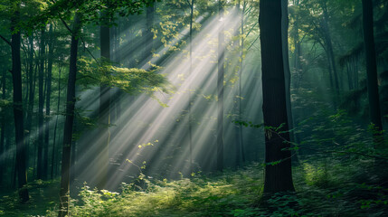 Beautiful forest with sunbeams shining through the trees