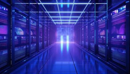 A long blue hallway with many computer servers