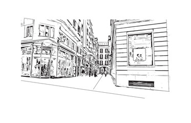 Print Building view with landmark of Santander is the city in Spain. Hand drawn sketch illustration in vector.
