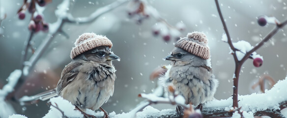 Pair of sparrows in winter hats on snowy branch