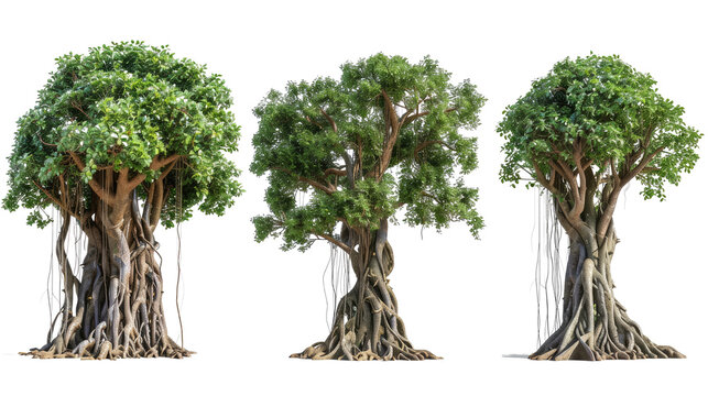 set of banyan tree with isolated transparent background