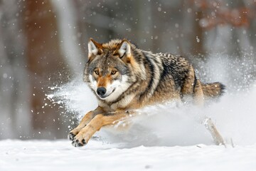Obraz premium Wolf sprints snowy forest