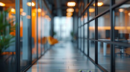 Modern Office Hallway With Blurred Background and Glass Partitions